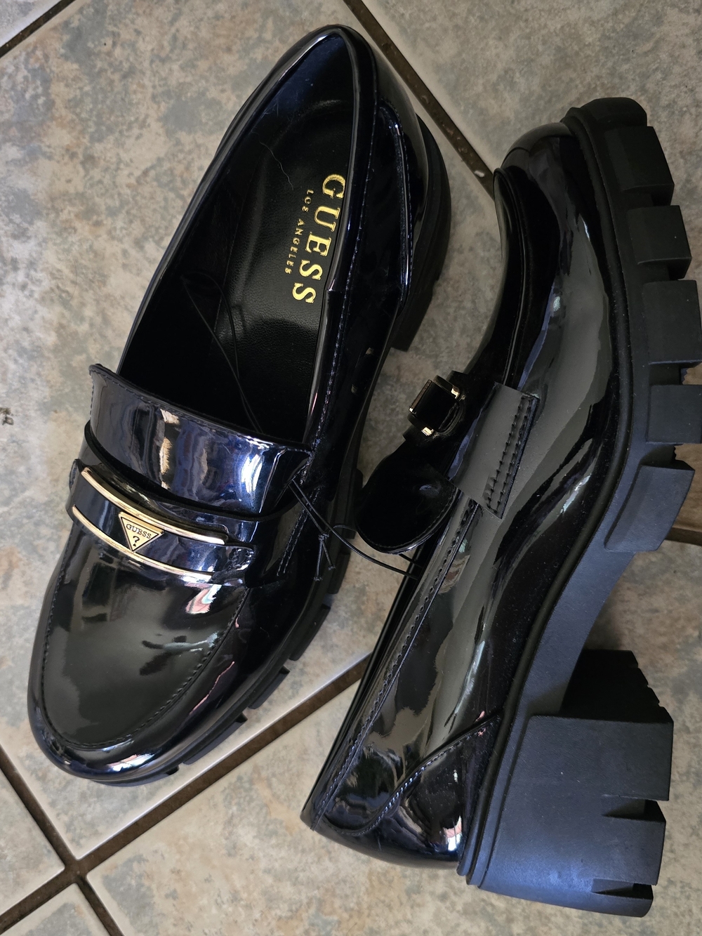 GUESS Black Patent Leather Chunky Lug Slip-On Loafers with Gold Logo